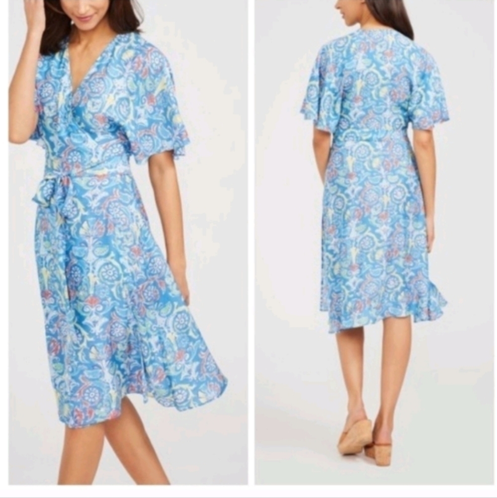 J. Mclaughlin bells Beach midi sleeve v neck wrap dress sz M